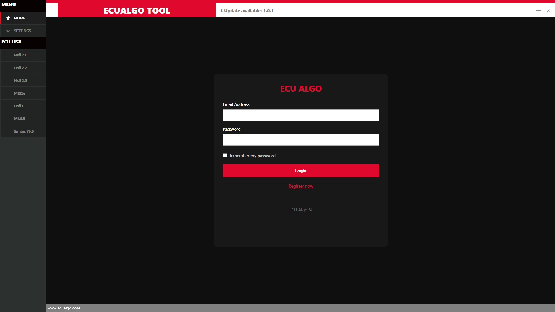 EcuALgo ECU software login screen